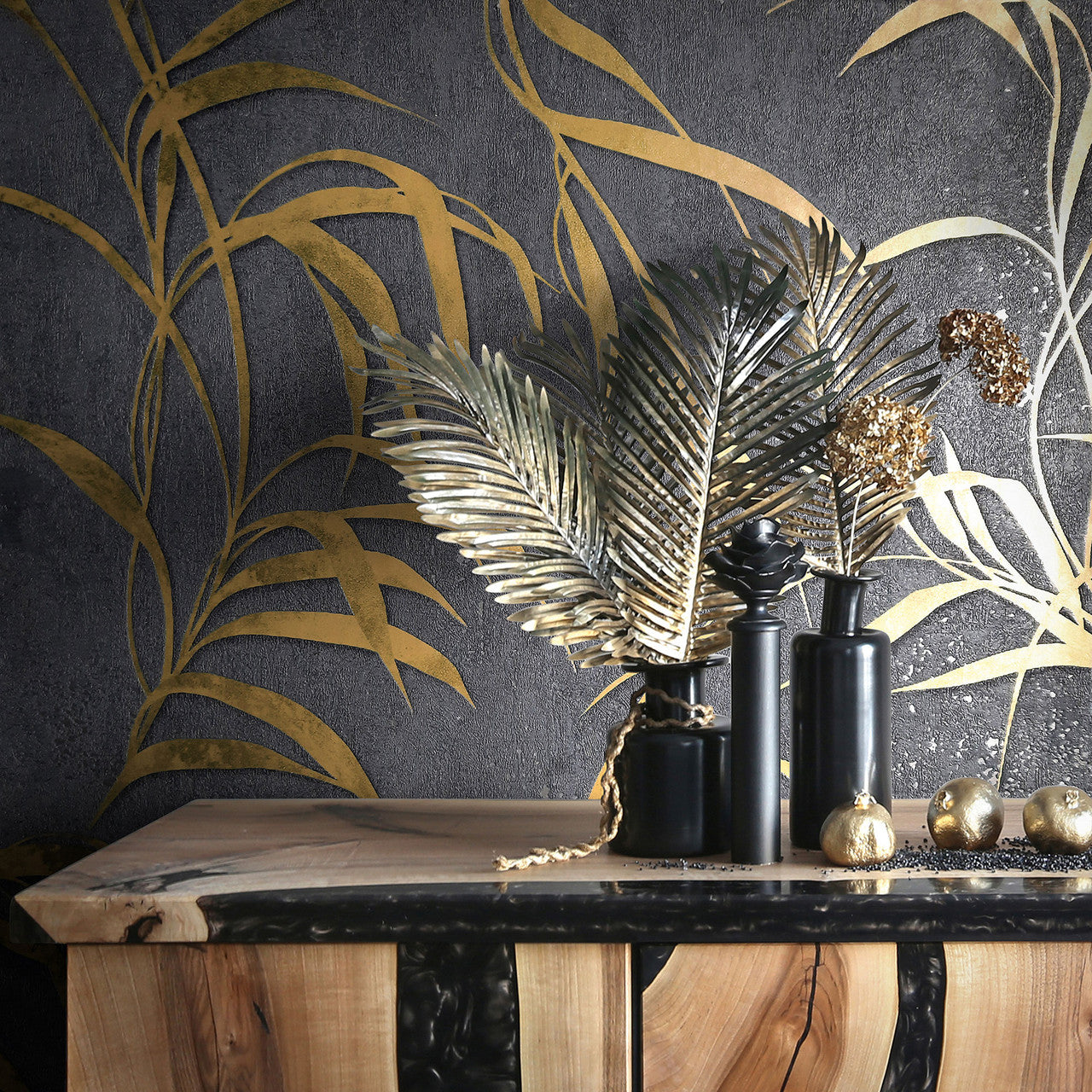 34289 Shimmer Leaf The New Design Book Black and Gold Wallpaper By Galerie