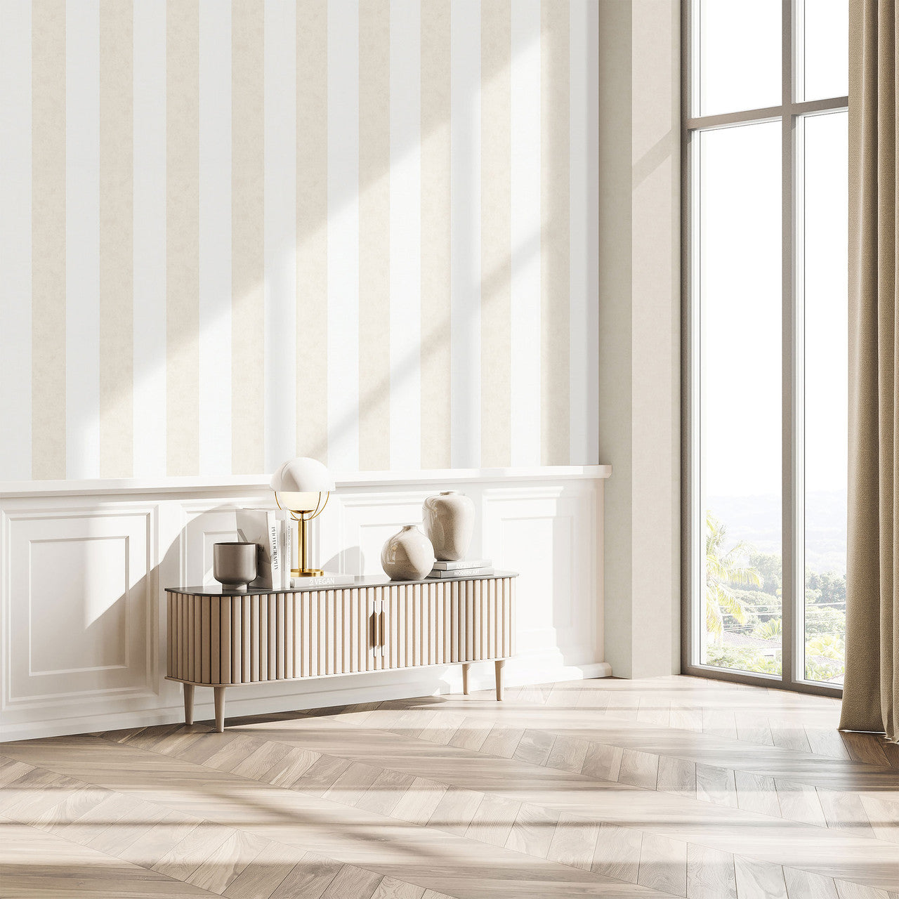 34413 Thick Stripe Flora White and Beige Wallpaper By Galerie