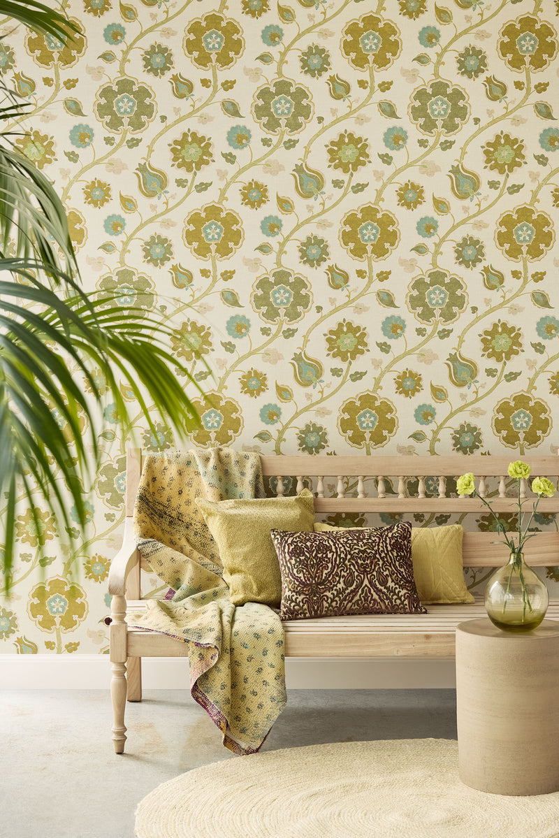 350613 Flowers Green Amber Wallpaper by Eijffinger