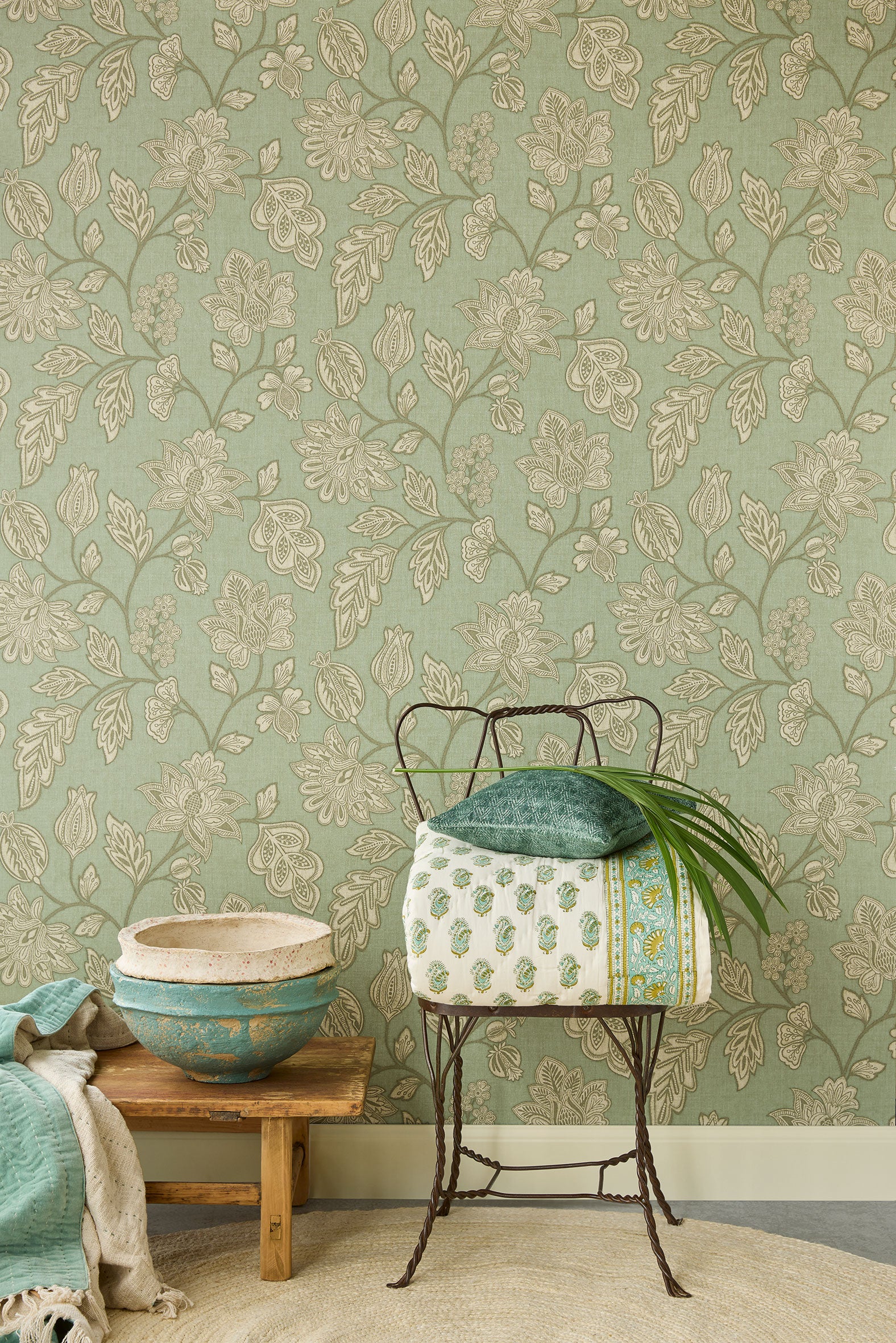 350665 Ikat Flower Trail Jade Amber Wallpaper by Eijffinger