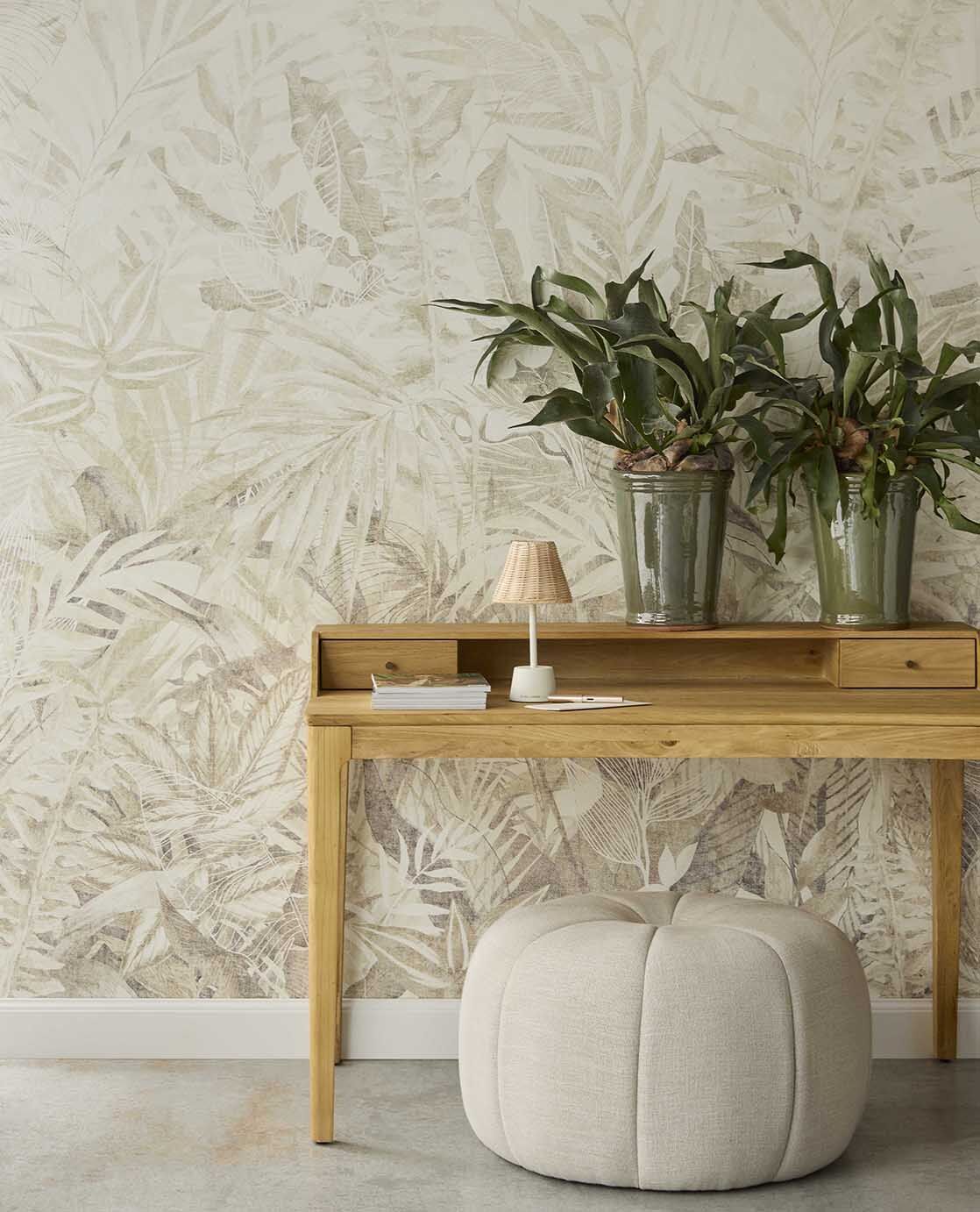 350706 Linen Leaves Natural/Green Mural by Eijffinger