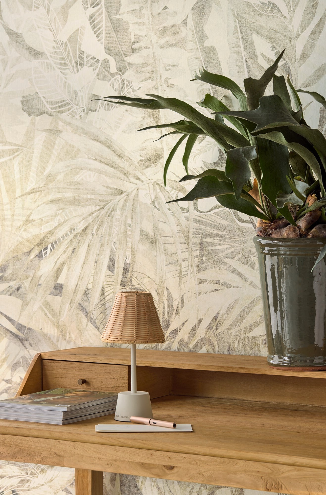 350706 Linen Leaves Natural/Green Mural by Eijffinger