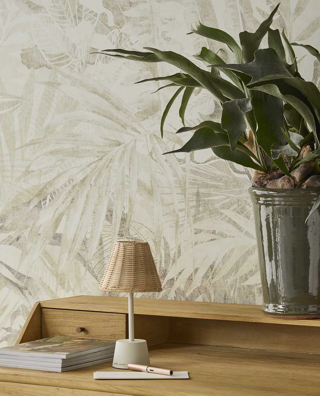 350706 Linen Leaves Natural/Green Mural by Eijffinger