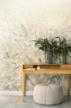 350706 Linen Leaves Natural/Green Mural by Eijffinger