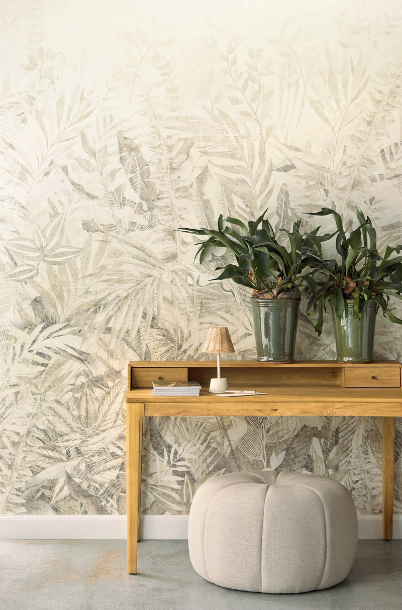 350706 Linen Leaves Natural/Green Mural by Eijffinger