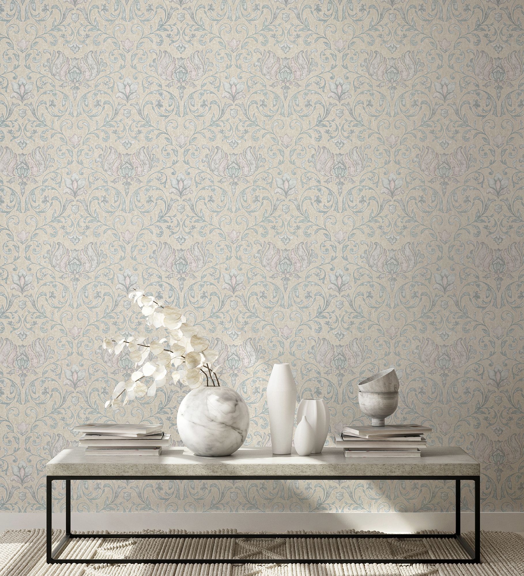 35151 Floral Beige, Blue and Pink City Romance Wallpaper by Galerie