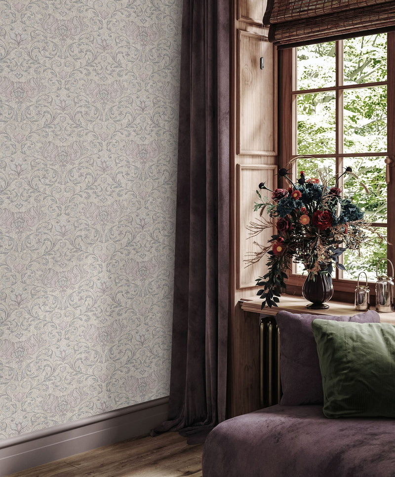 35152 Floral Beige, Pink and Silver Grey City Romance Wallpaper by Galerie