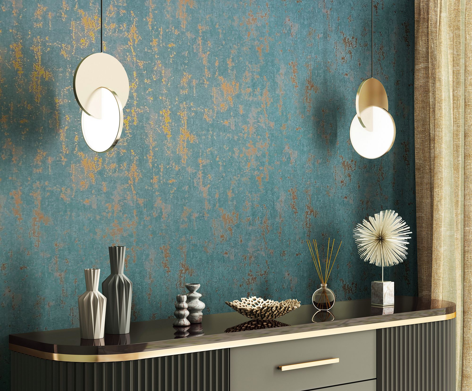 35164 Concrete look Green and Gold City Romance Wallpaper by Galerie