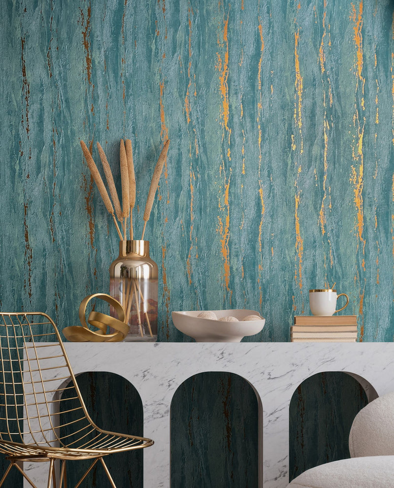 35167 Plaster look Green and Gold City Romance Wallpaper by Galerie