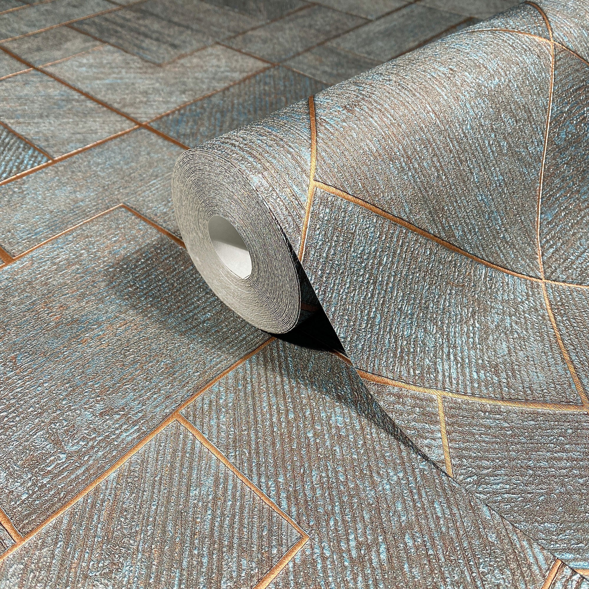 35512 Graphic Blue Copper Wallpaper by Galerie