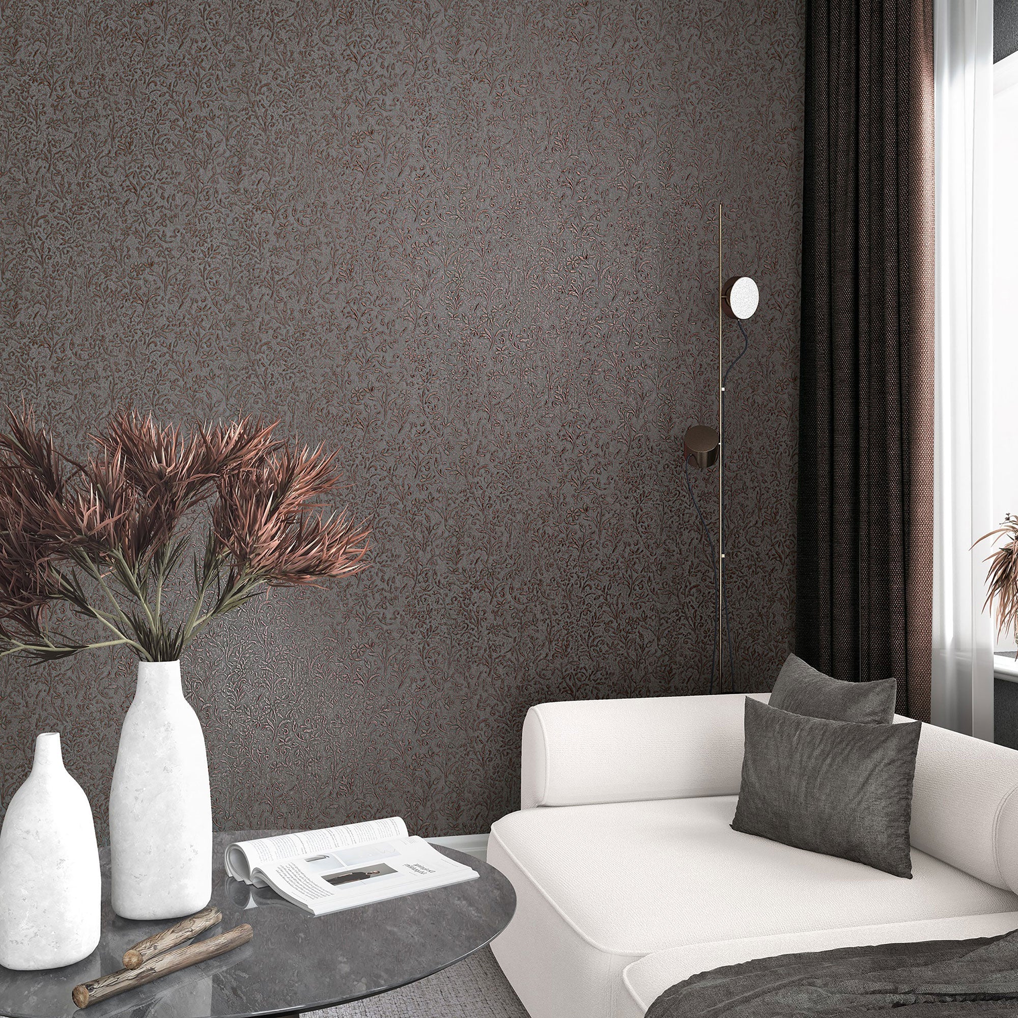 35534 Floral Grey Copper Wallpaper by Galerie