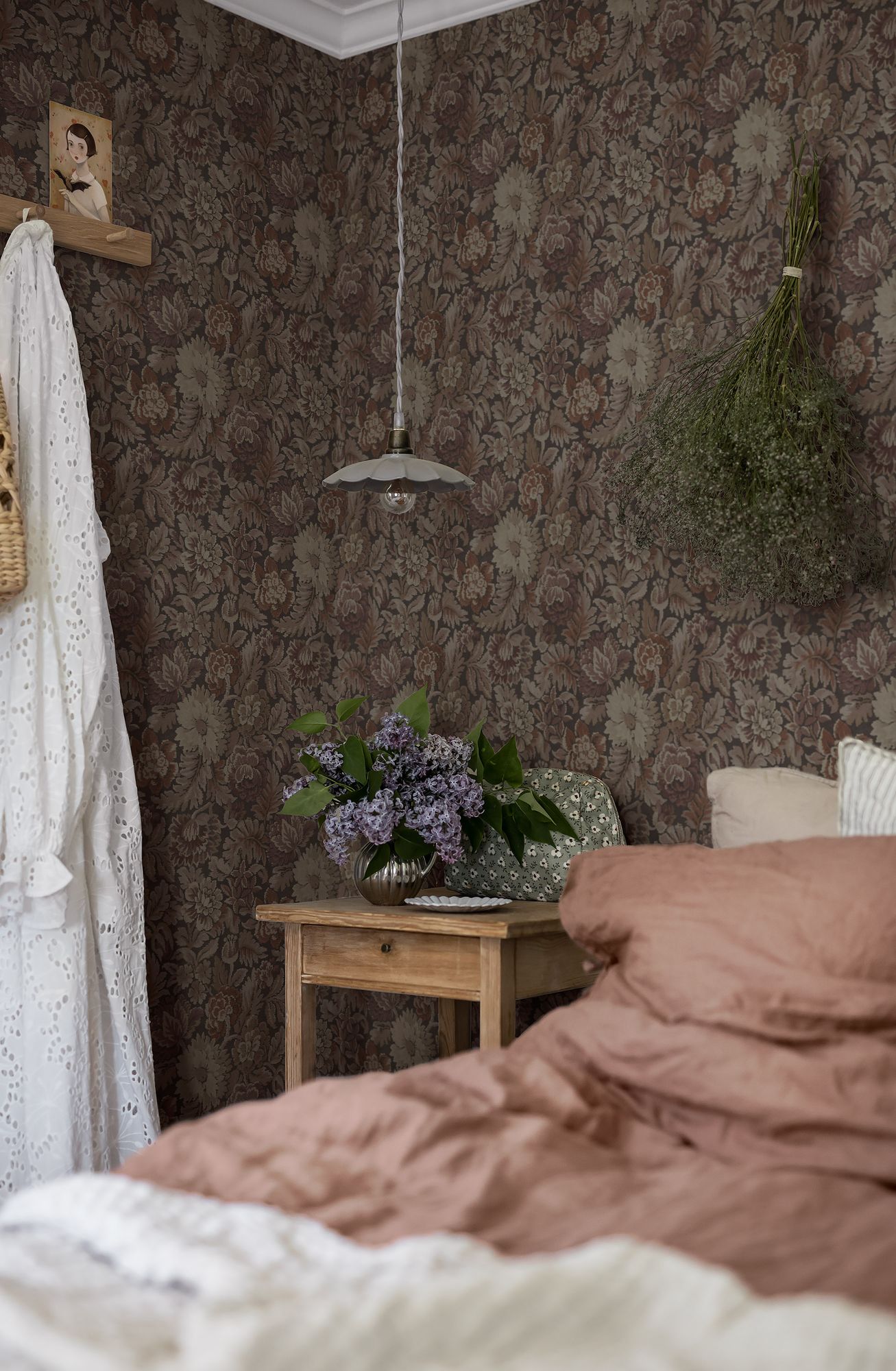 3563 Nightingale Garden Dark Red and Pink Cottage Garden Wallpaper by Boråstapeter