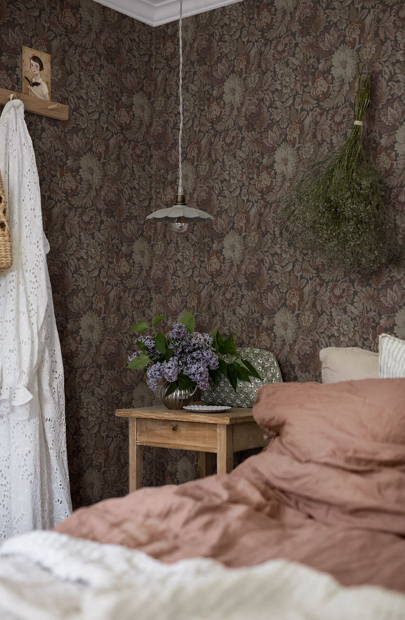 3563 Nightingale Garden Dark Red and Pink Cottage Garden Wallpaper by Boråstapeter