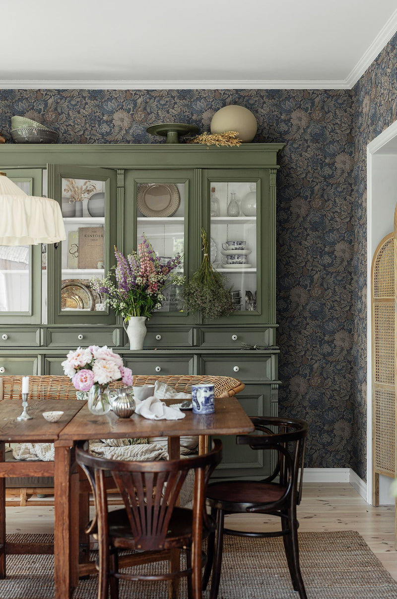 3564 Nightingale Garden Dark Blue and Green Cottage Garden Wallpaper by Boråstapeter