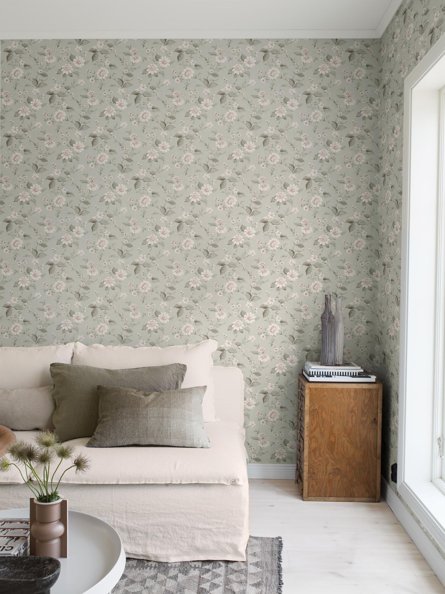3574 Laura´s Cottage Light Green Cottage Garden Wallpaper by Boråstapeter