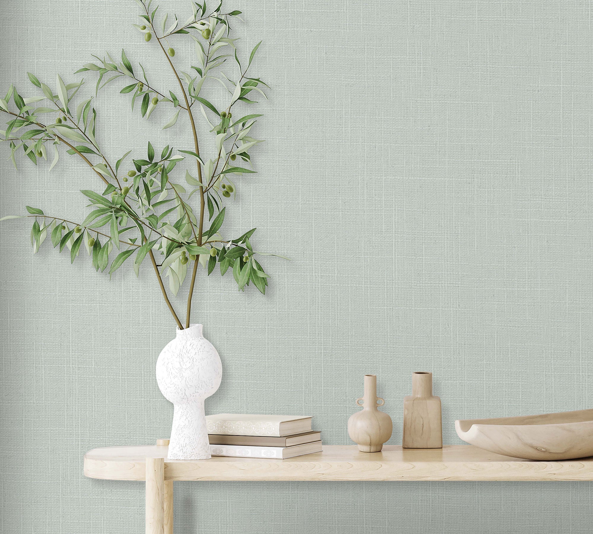 Uni Green & Grey Boho Fine Linen Wallpaper by Galerie