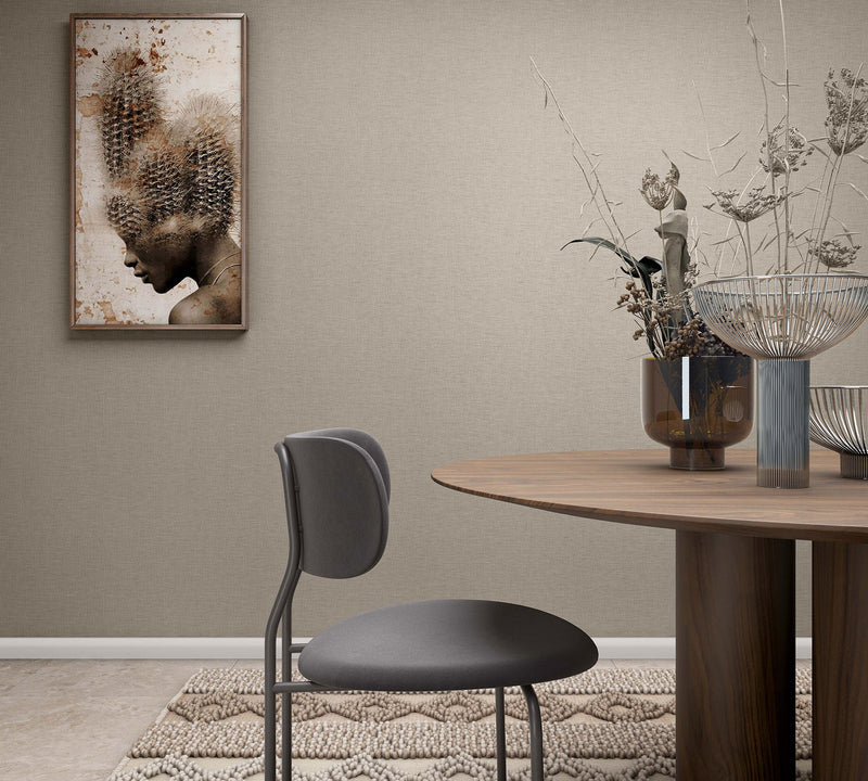 Uni Brown Boho Fine Linen Wallpaper by Galerie