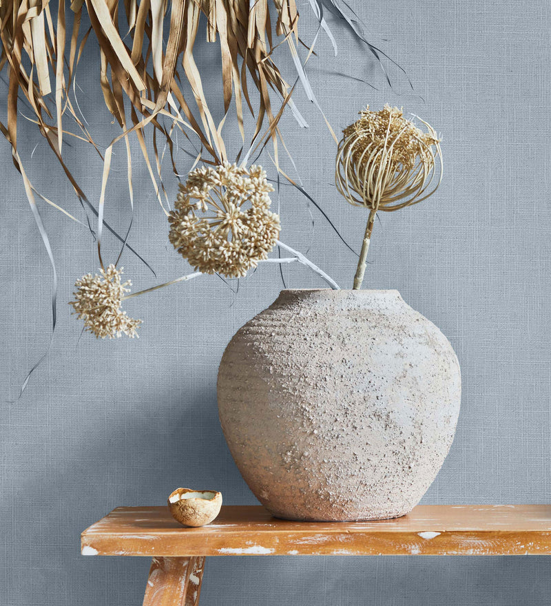 Uni Blue Boho Fine Linen Wallpaper by Galerie