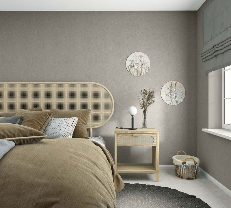 Uni Green & Brown Boho Fine Linen Wallpaper by Galerie