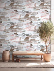 Graphically Blue & Red Boho Fine Linen Wallpaper by Galerie