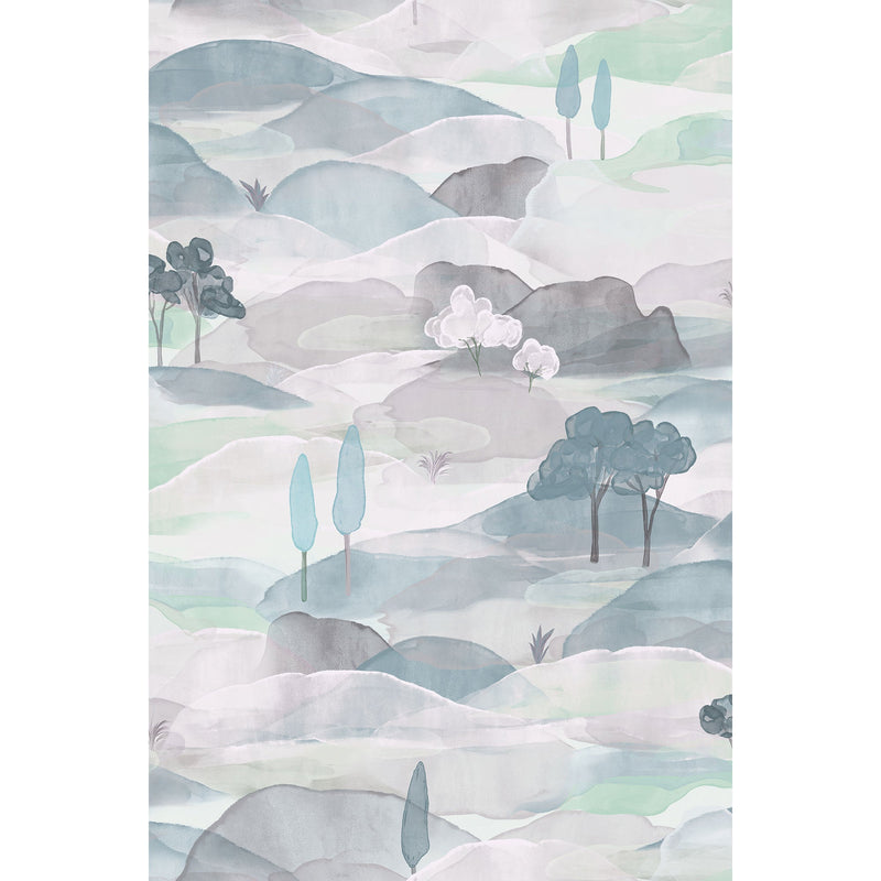 Graphically White, Green & Blue Boho Fine Linen Wallpaper by Galerie