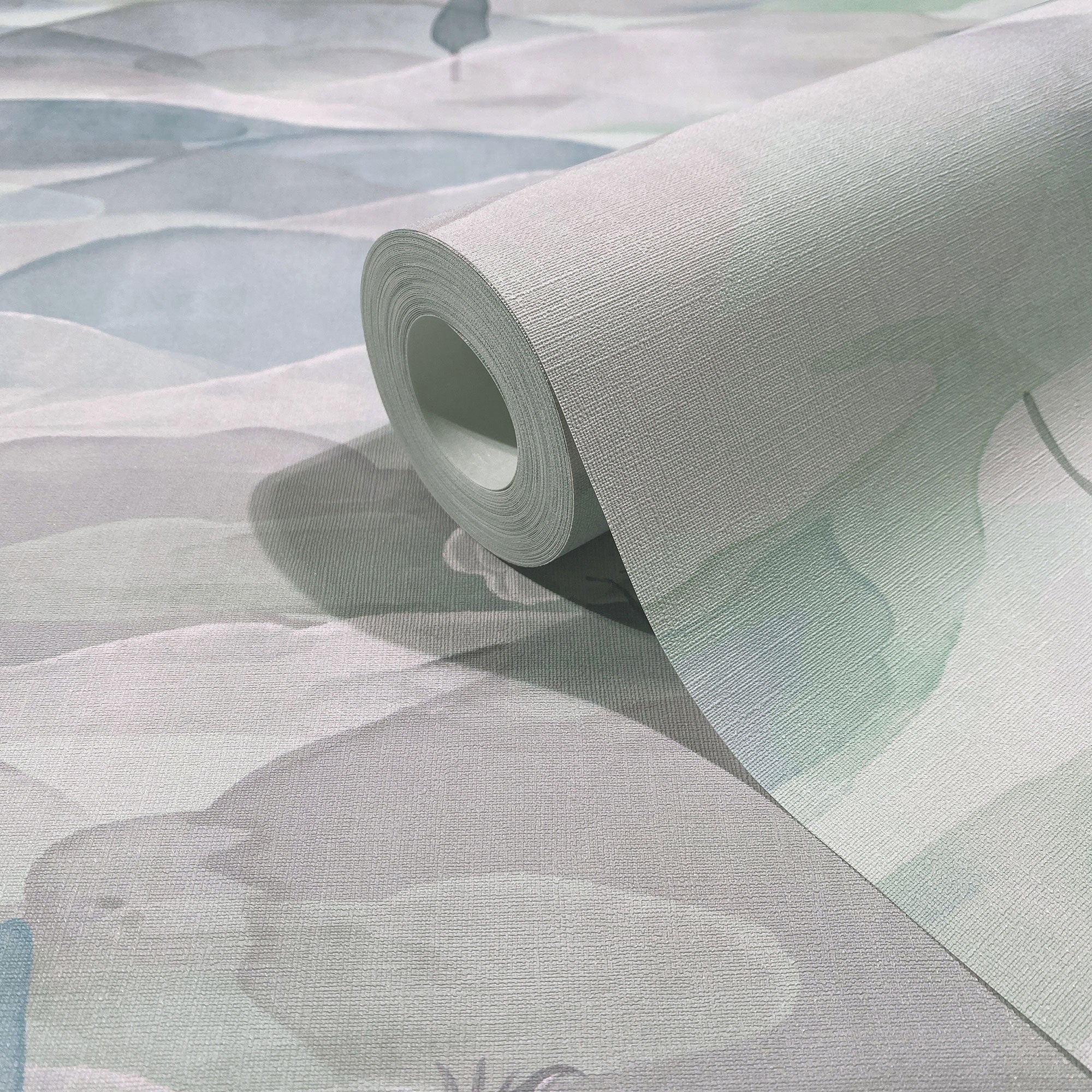 Graphically White, Green & Blue Boho Fine Linen Wallpaper by Galerie