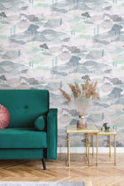 Graphically White, Green & Blue Boho Fine Linen Wallpaper by Galerie