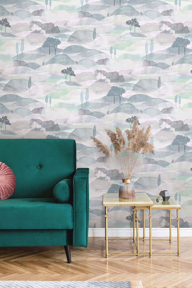 Graphically White, Green & Blue Boho Fine Linen Wallpaper by Galerie