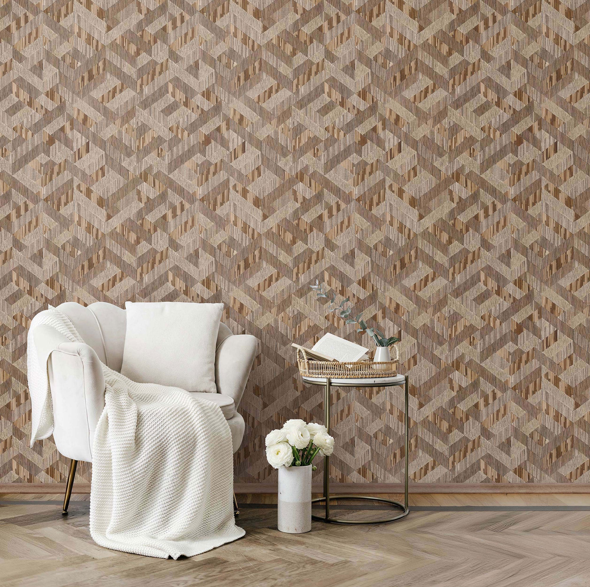 Holzoptik Beige & Brown Boho Fine Linen Wallpaper by Galerie