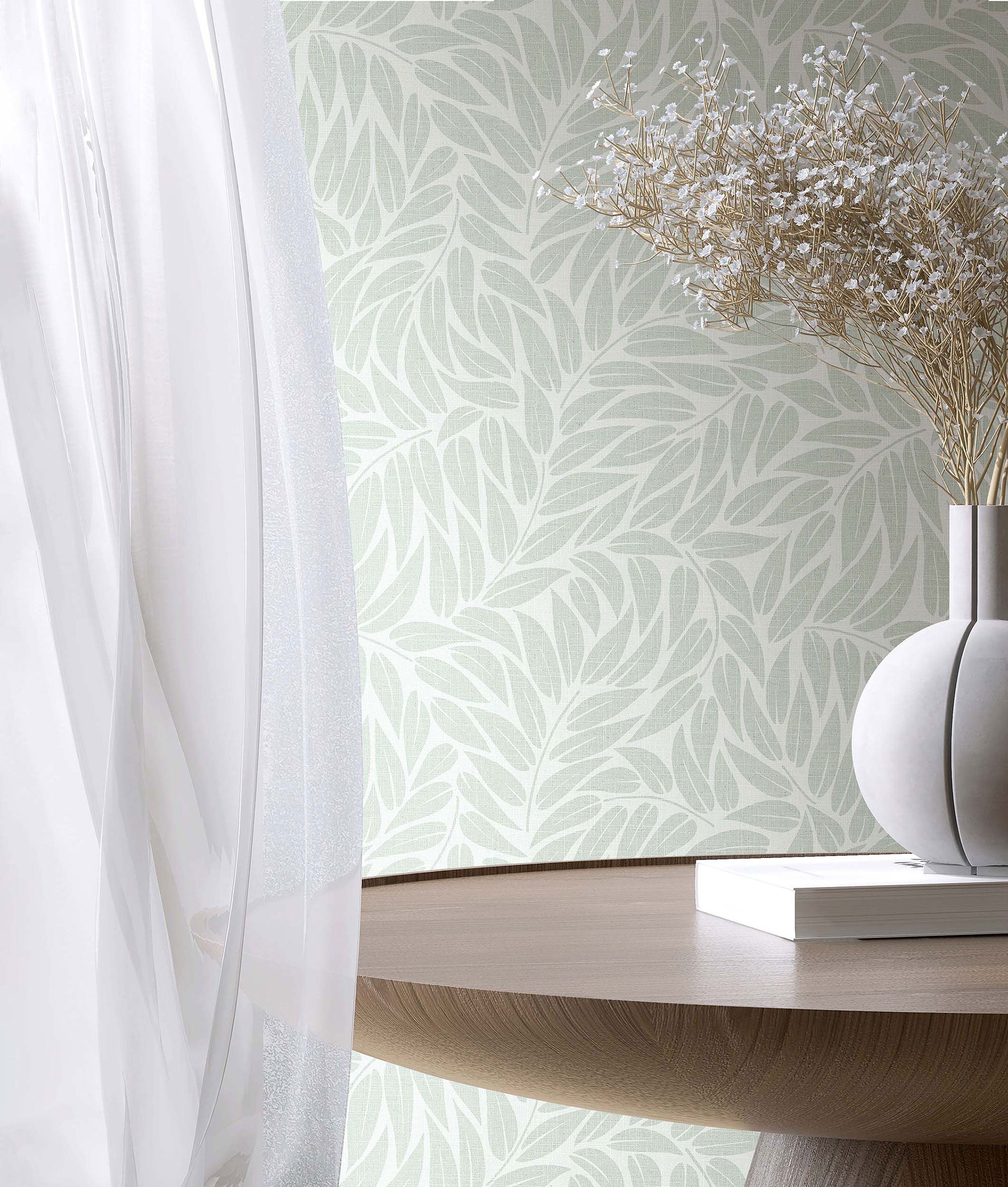 Floral Green Boho Fine Linen Wallpaper by Galerie