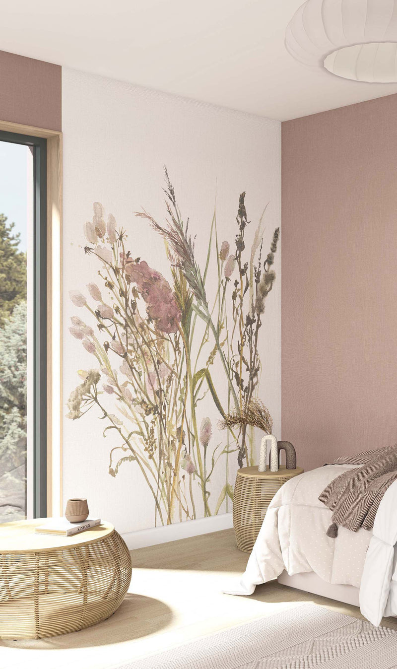 Floral White, Beige & Green Boho Fine Linen Mural by Galerie