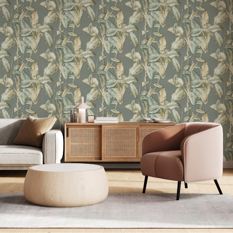 571462 Boho Palm Chalky Blue Wallpaper by Rasch