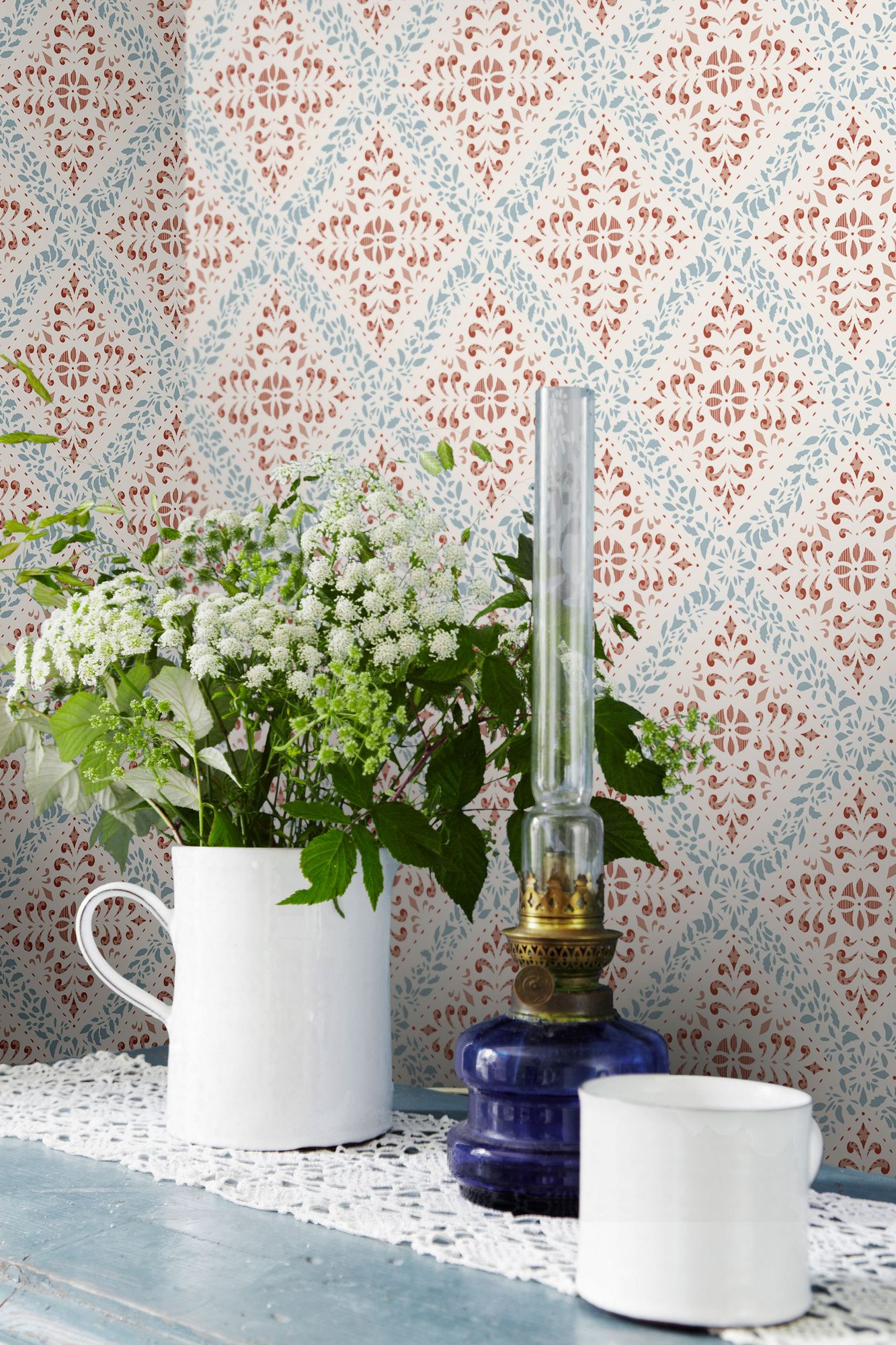 4514 Nyborg Light Red and Blue Anno Wallpaper by Boråstapeter