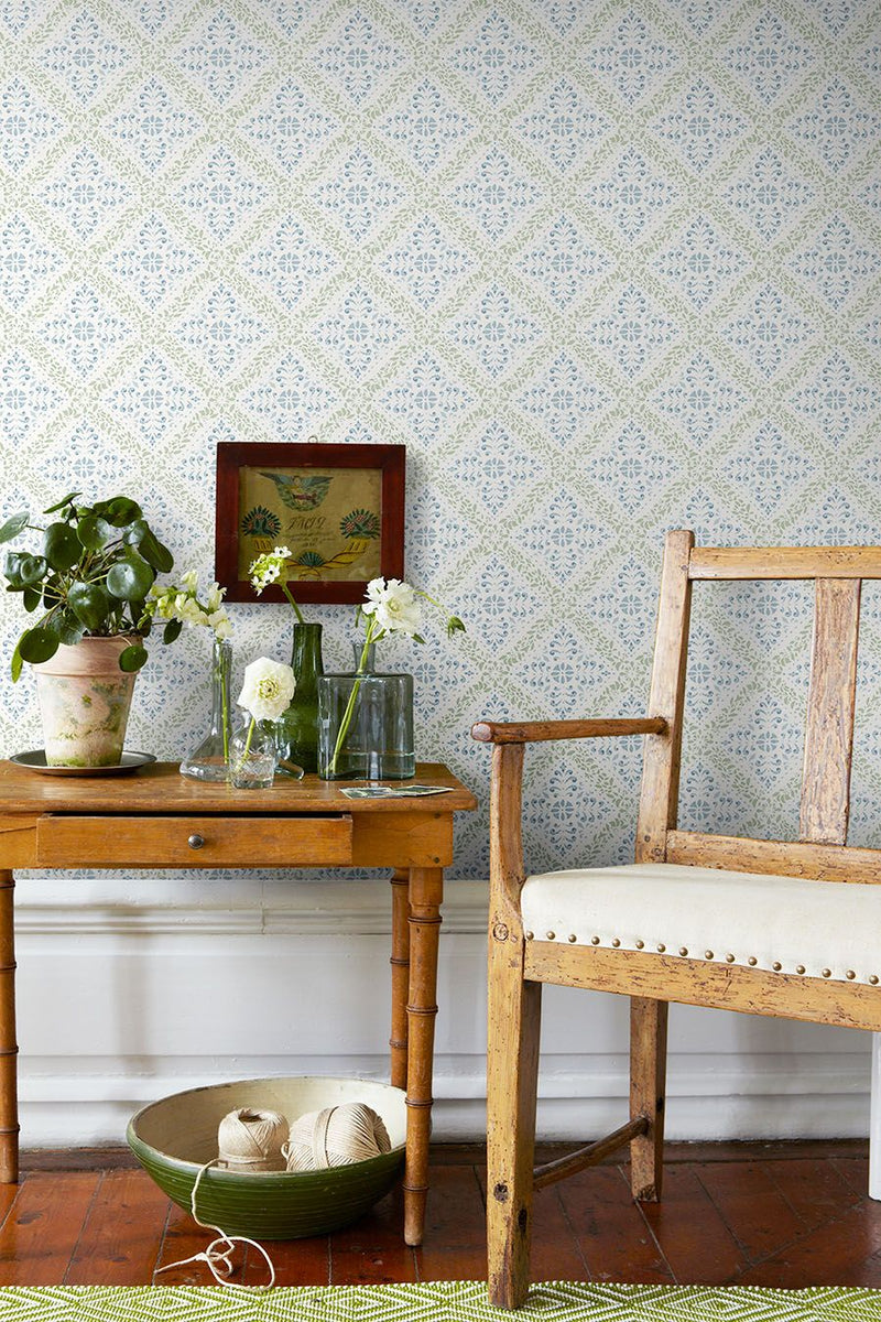 4516 Nyborg Light Blue and Green Anno Wallpaper by Boråstapeter