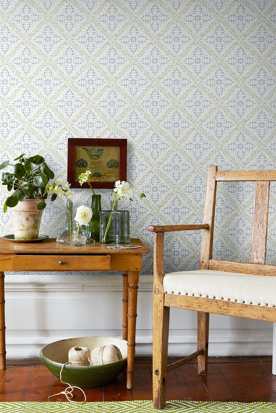 4516 Nyborg Light Blue and Green Anno Wallpaper by Boråstapeter