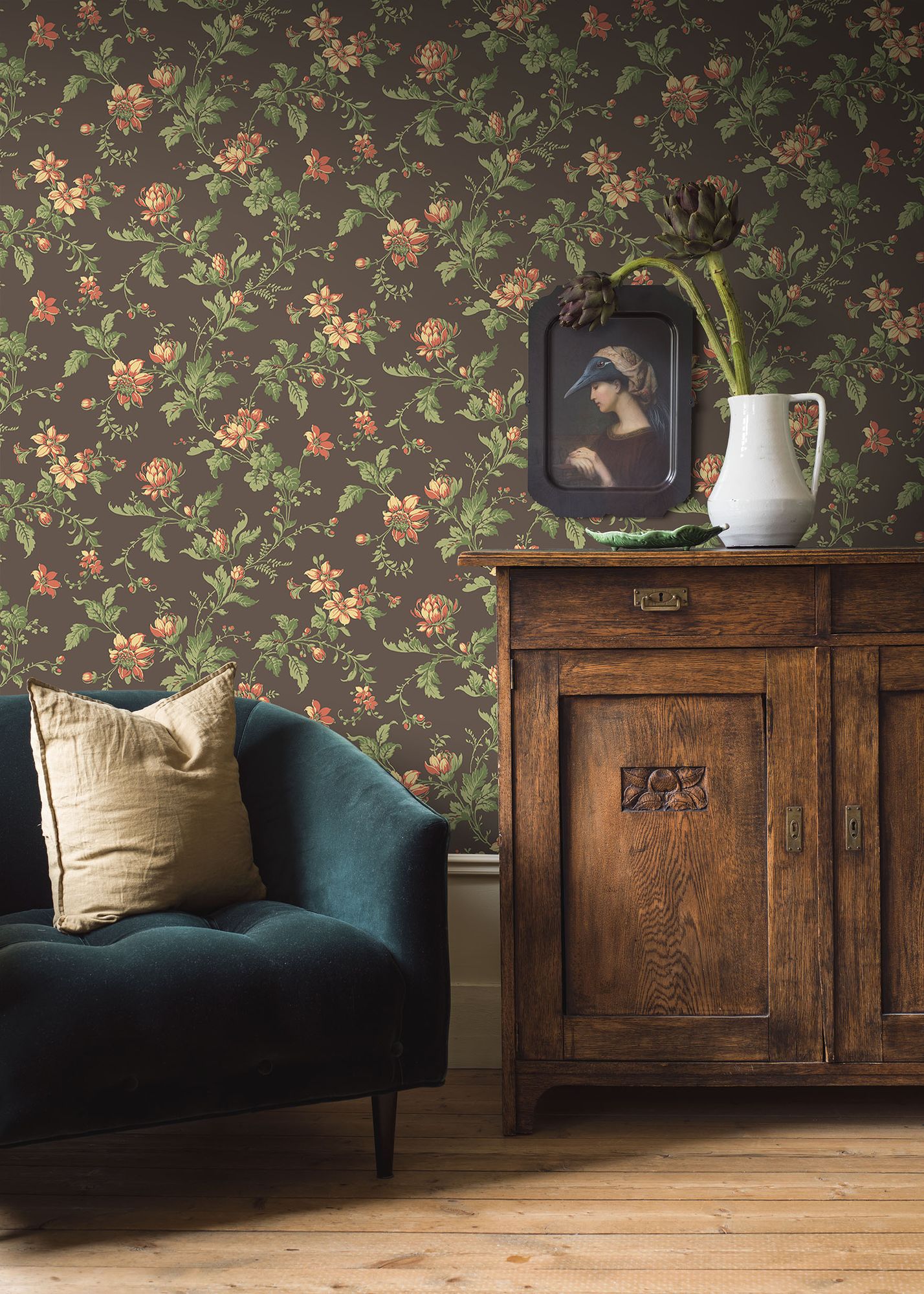4517 Blomslinga Black and Green Anno Wallpaper by Boråstapeter