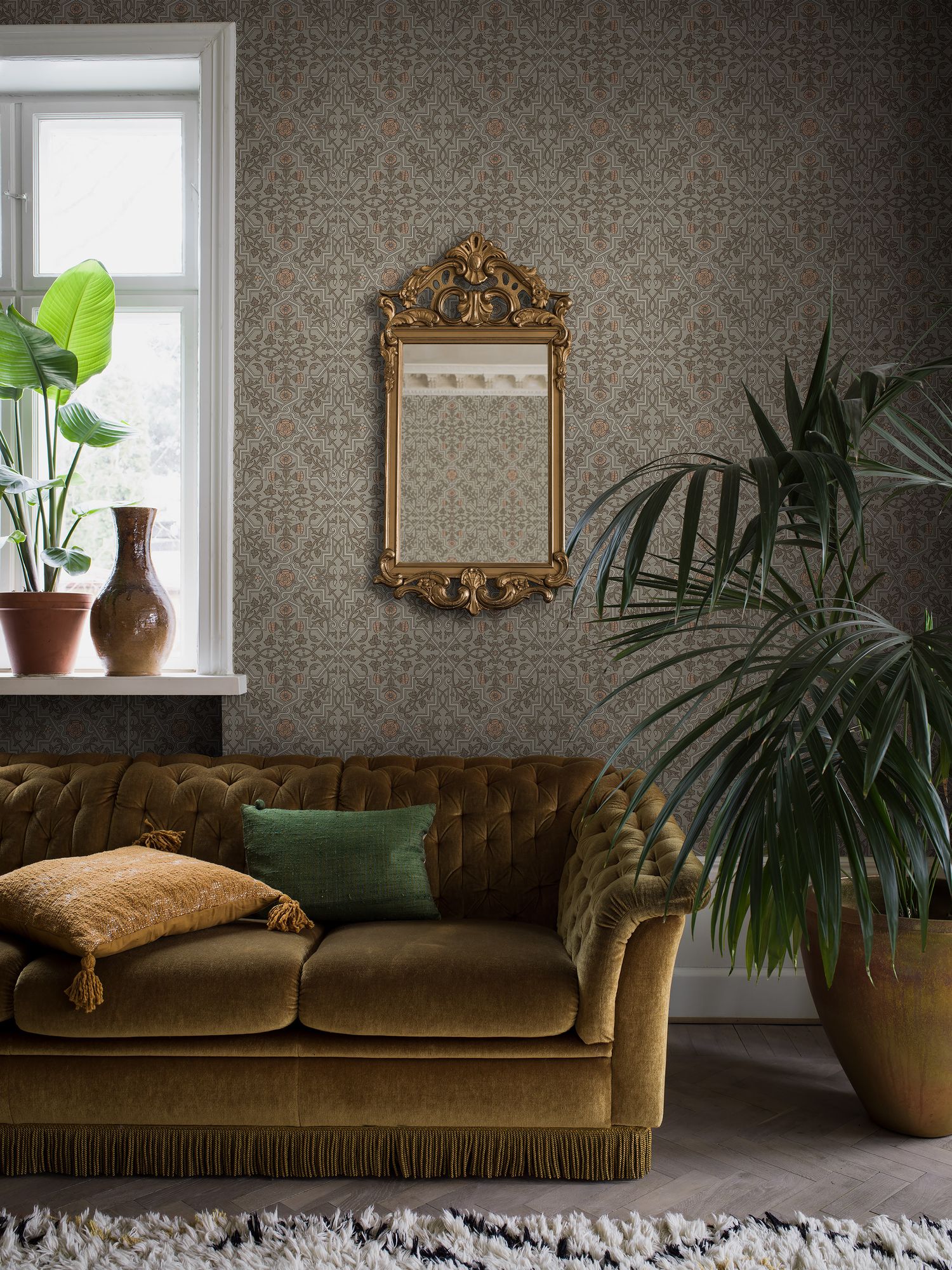 4590 Rosenvinge Light Green and Orange Anno Wallpaper by Boråstapeter