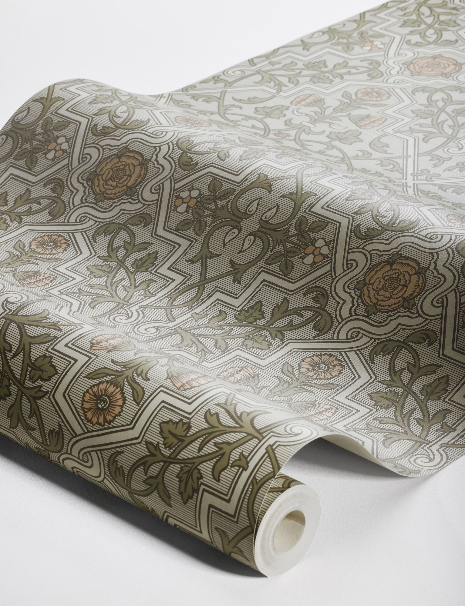 4590 Rosenvinge Light Green and Orange Anno Wallpaper by Boråstapeter