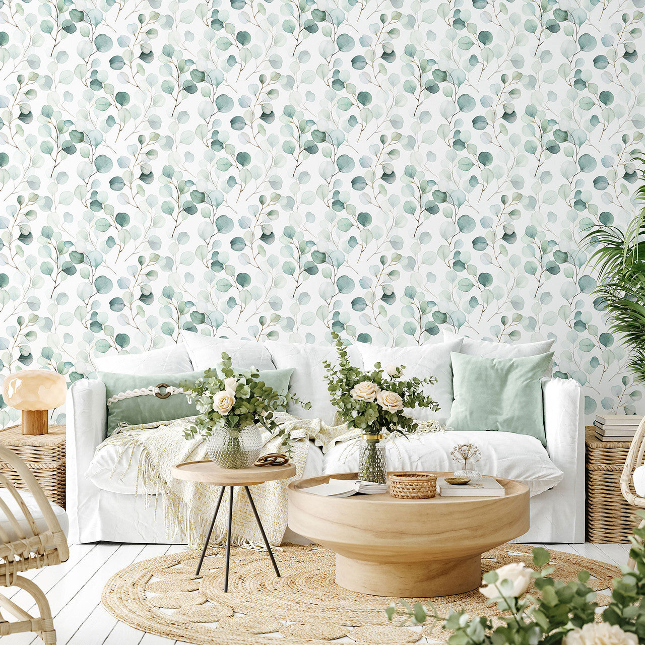 47420 Eucalyptus Flora White and Green Wallpaper By Galerie