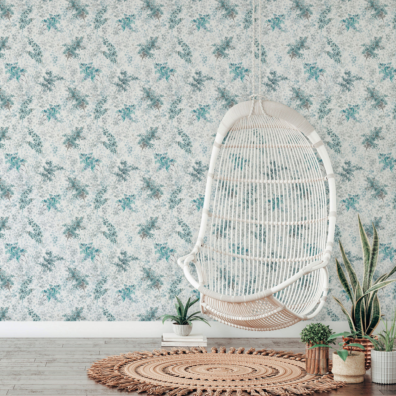 47451 Soft Foliage Flora Grey and Turquoise Wallpaper By Galerie
