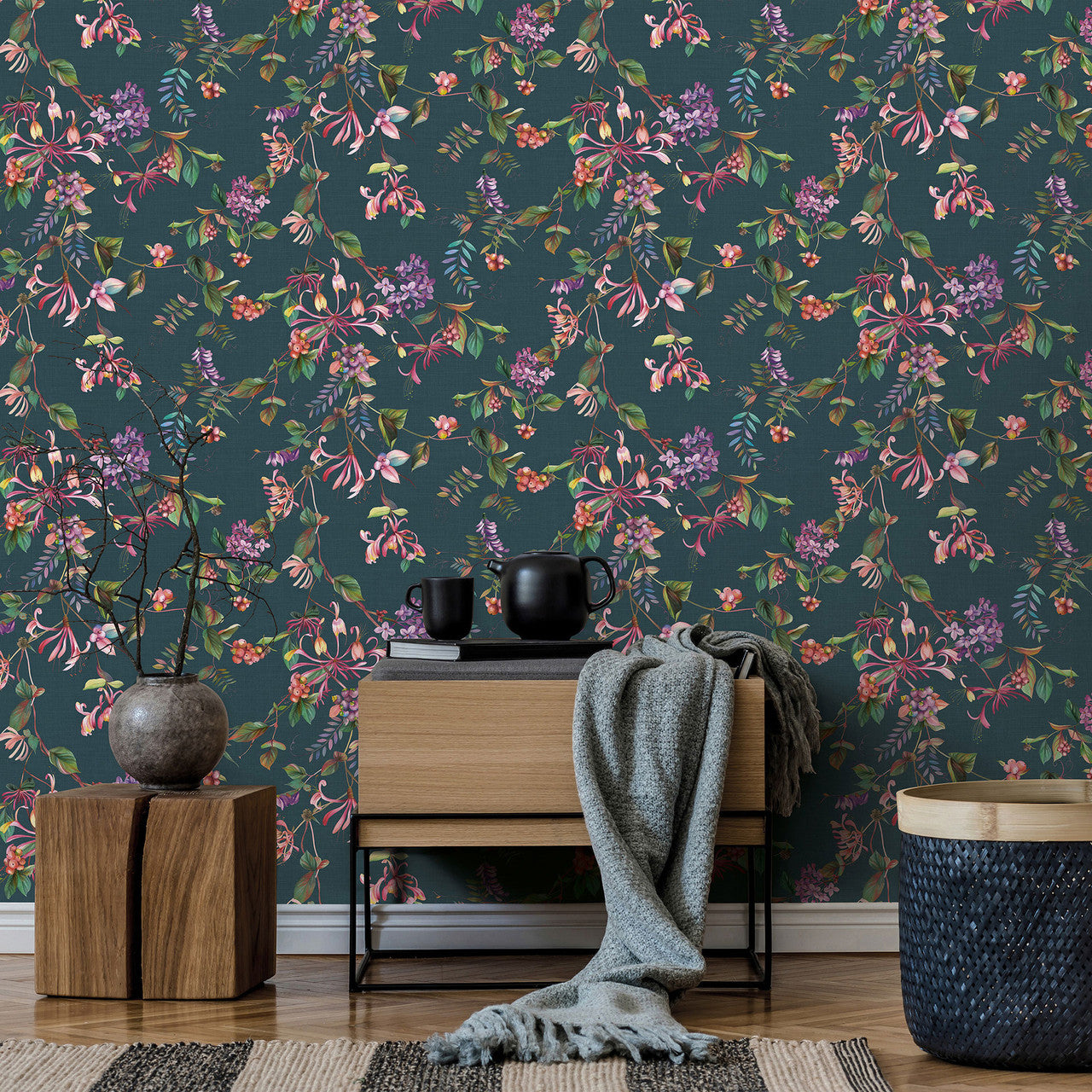 47454 Summer Bouquet Flora Grey, Blue and Green Wallpaper By Galerie