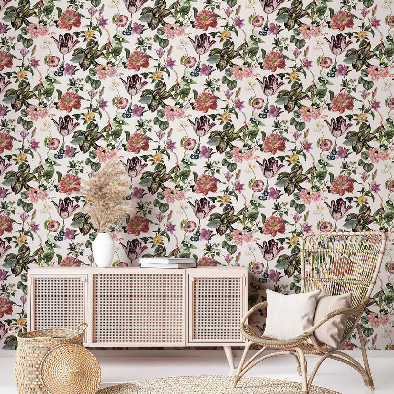 47458 Floral Rhapsody Flora White, Rose and Green Wallpaper By Galerie