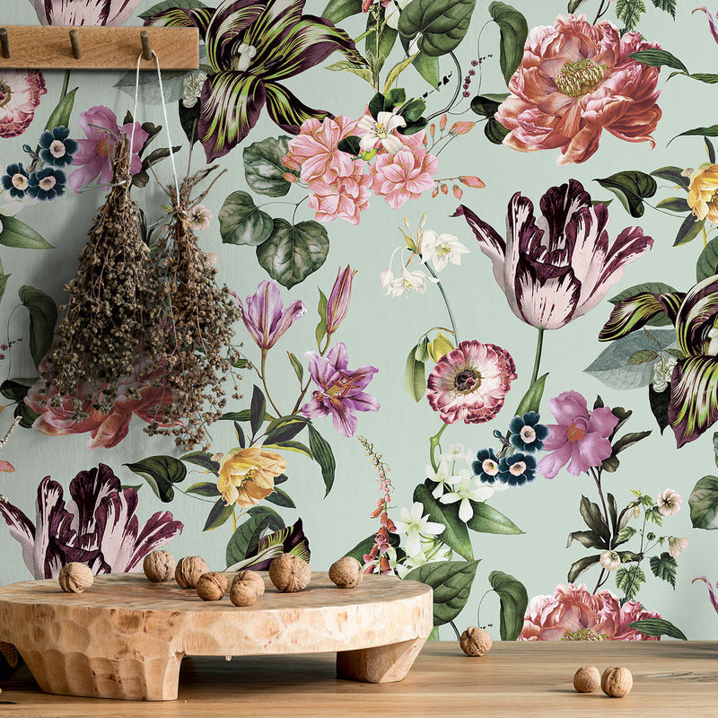 47459 Floral Rhapsody Flora Green and Rose Wallpaper By Galerie