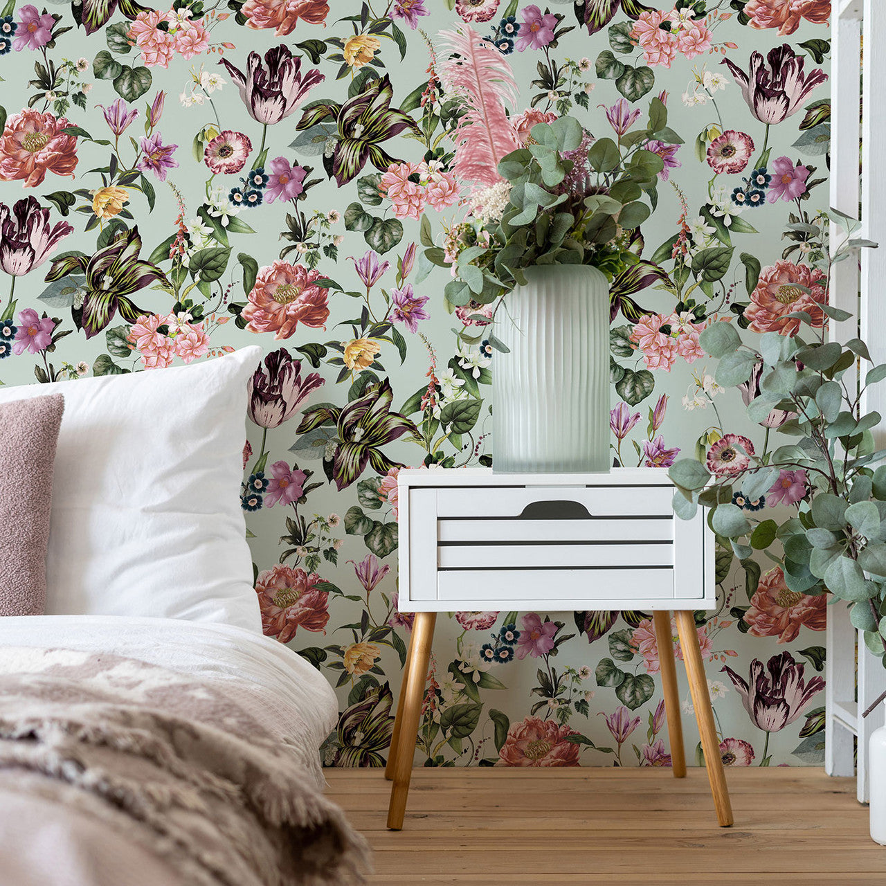 47459 Floral Rhapsody Flora Green and Rose Wallpaper By Galerie