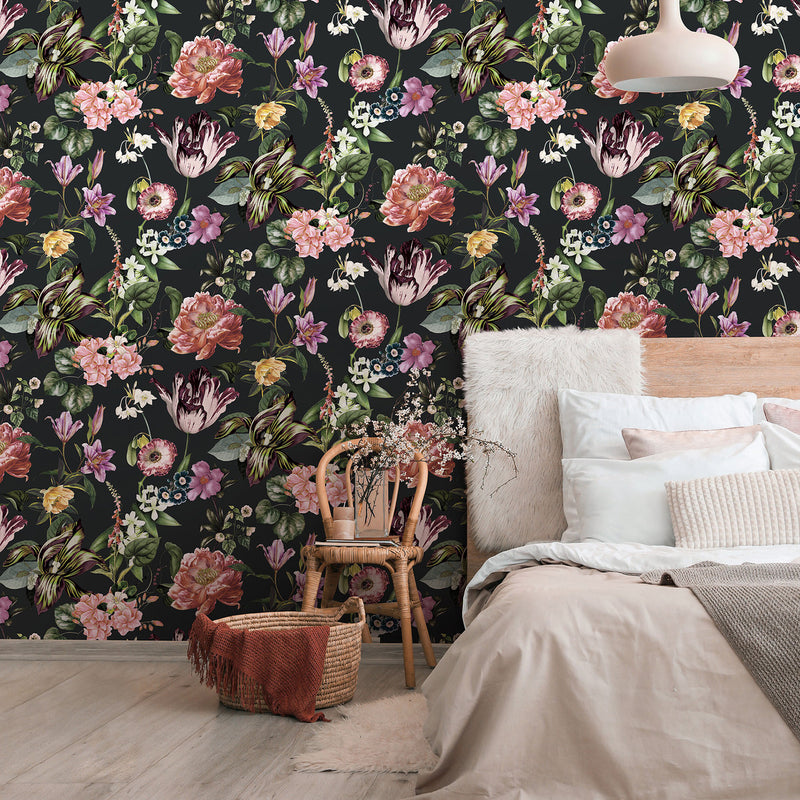 47460 Floral Rhapsody Flora Schwarz, Rose and Green Wallpaper By Galerie