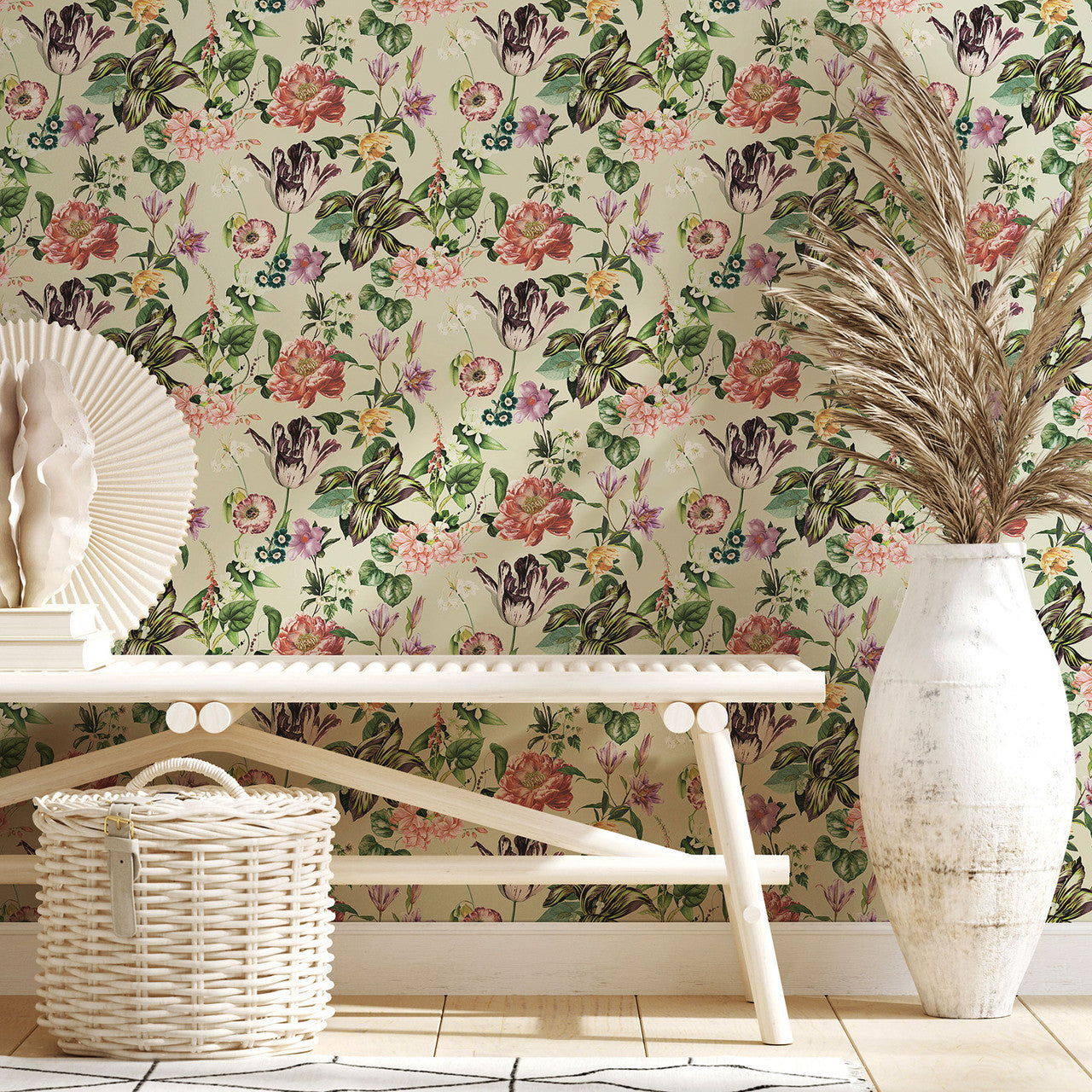 47461 Floral Rhapsody Flora Beige, Rose and Green Wallpaper By Galerie