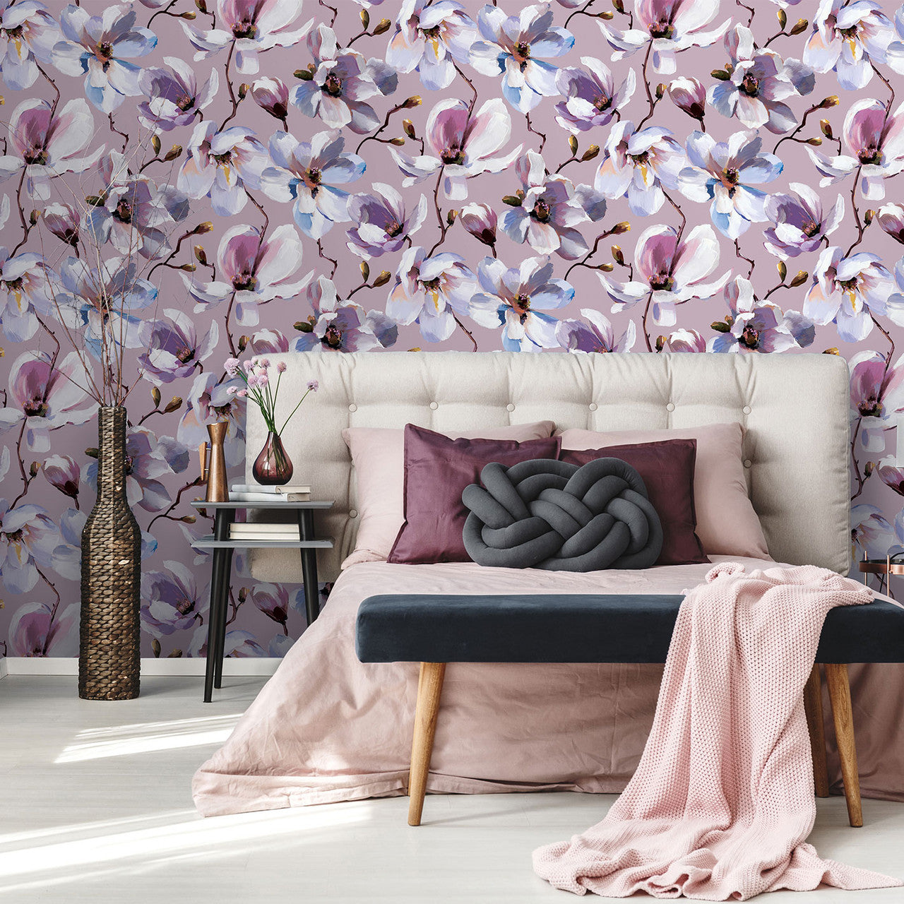 47463 Cherry Blossom Flora Rose, White and Purple Wallpaper By Galerie