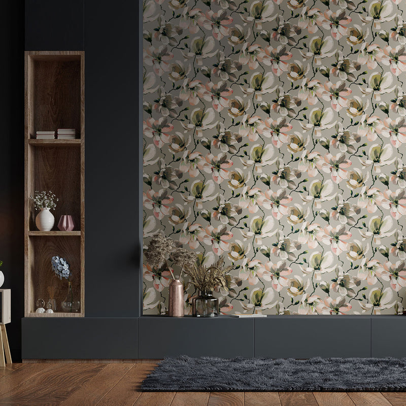 47464 Cherry Blossom Flora Beige, White and Orange Wallpaper By Galerie