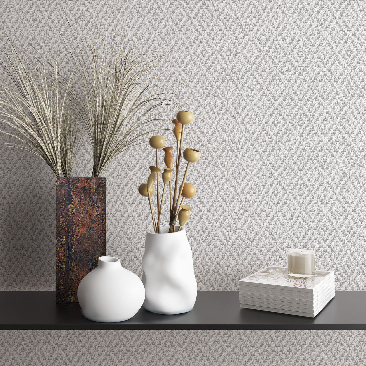 47489 Diamond Weave Flora White and Grey Wallpaper By Galerie