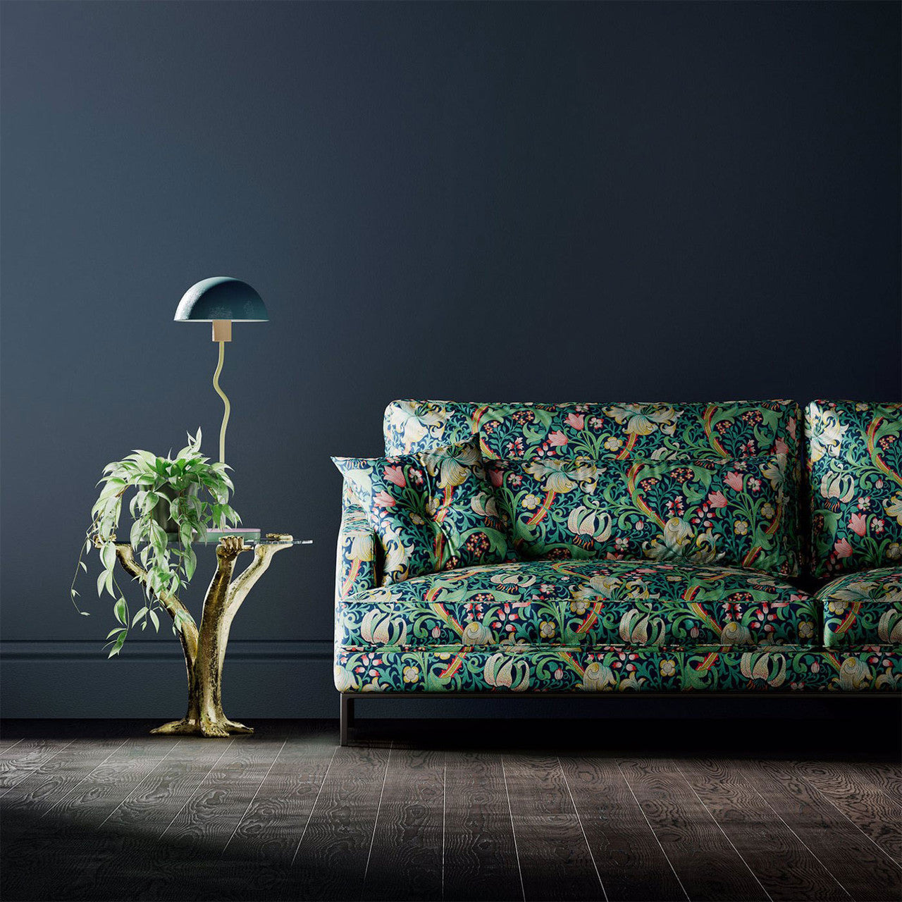 520004 Golden Lily Bedford Park Galactic Ink Fabric by Morris & Co